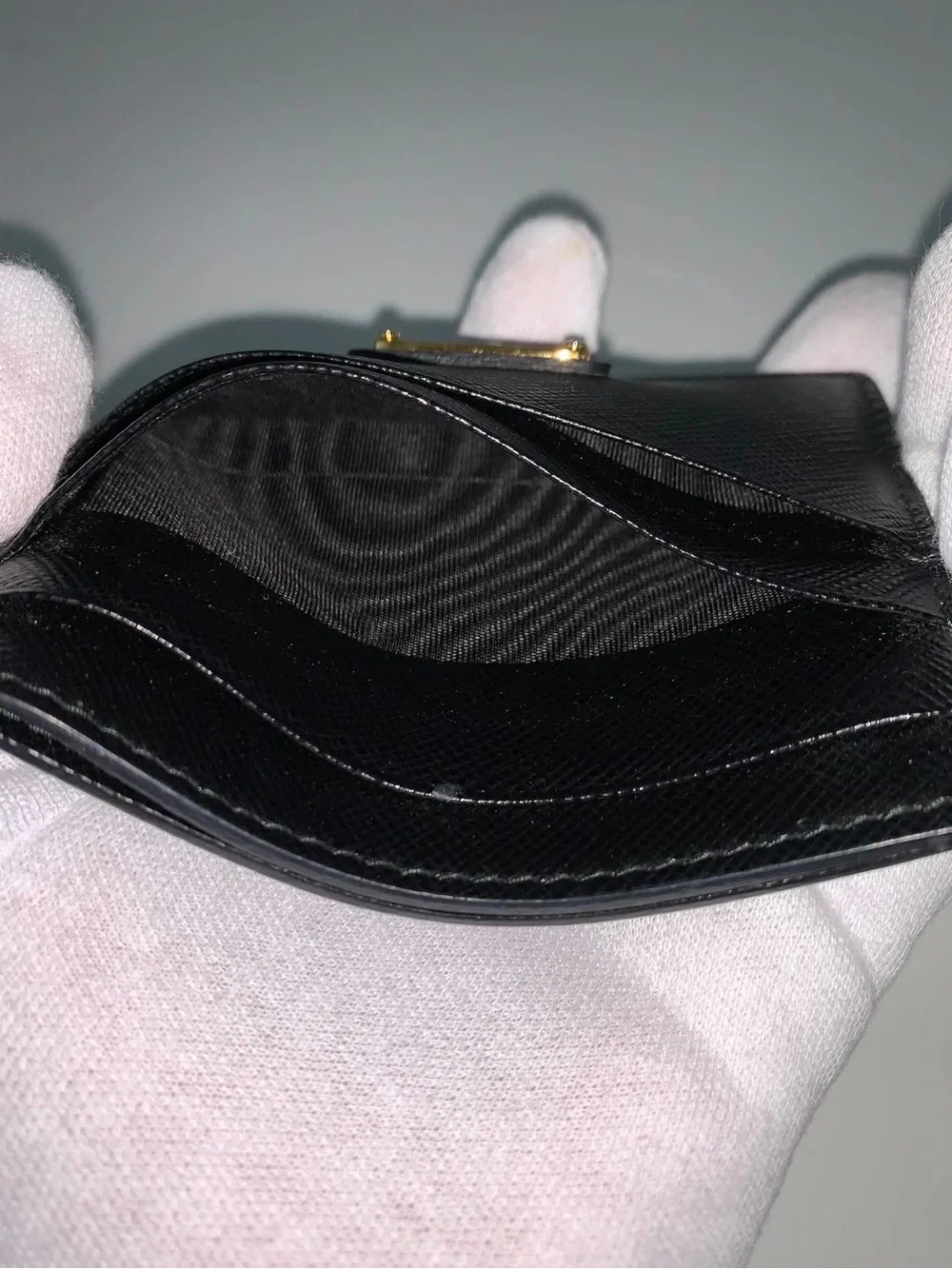 Prada Black Saffiano Leather Card Case with Gold Triangle Logo